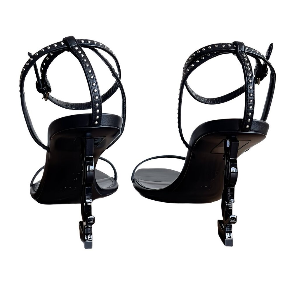 Saint Laurent Opyum 85 YSL Logo Open-Toe Heels Black Leather Tiny Studs SZ 39.5 - Picture 12 of 16